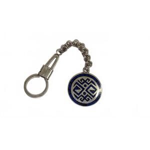 Vintage Metal Keychain with Blue and Silver Geometric Design